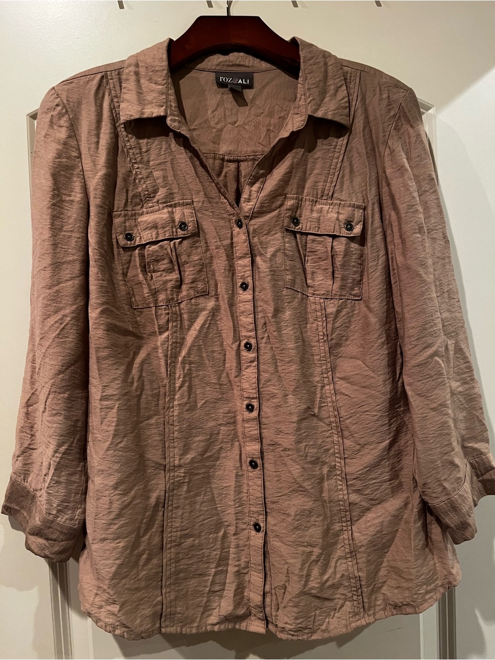 Roz & Ali Button-Front Utility Shirt in Dusty Mauve